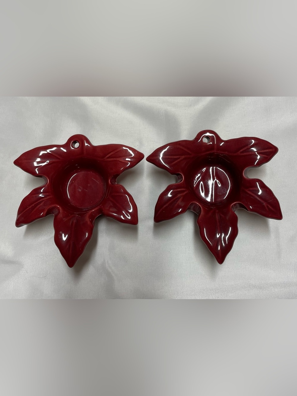 Red Ceramic Leaf-Shaped Candle Holders - Pair